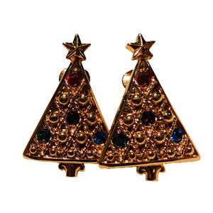 Vtg Gold Tone Christmas Tree Clip On Earrings Multi Color Rhinestones Star Top